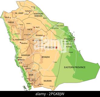 Mappa fisica dell'Arabia Saudita dettagliata con etichettatura. Illustrazione Vettoriale