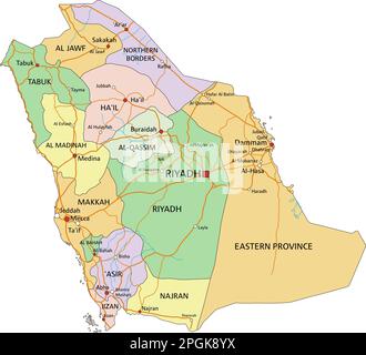 Arabia Saudita - Mappa politica modificabile molto dettagliata con etichettatura. Illustrazione Vettoriale