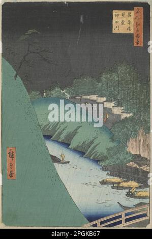 Pioggia nella Seido Hall e Shohei Bridge sul fiume Kanda 1857 da Utagawa Hiroshige Foto Stock