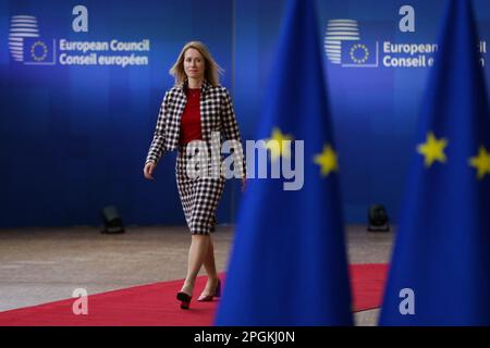 Bruxelles, Belgio. 23rd Mar, 2023. Il primo ministro dell'Estonia Kaja Kallas arriva in occasione del Consiglio europeo nella sede dell'UE a Bruxelles, in Belgio, il 23 marzo 2023. Credit: Zheng Huansong/Xinhua/Alamy Live News Foto Stock