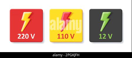 Simbolo dell'icona della tensione con numeri e icona dell'illuminazione del bullone vettoriale 3D. Imposta Illustrazione Vettoriale