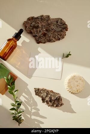 Carta da cancelleria mock up, albero naturale corteccia, ciottoli. Mockup di carta da cancelleria. Elixir bottiglia di siero di vetro di acido ialuronico, sapone naturale Foto Stock