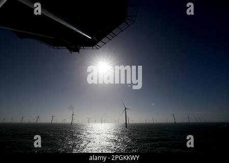 Helgoland, Germania. 23rd Mar, 2023. Numerose turbine eoliche, tra cui alcune della nuova centrale eolica offshore di Kaskasi di RWE, possono essere viste durante la messa in funzione della centrale eolica al largo di Helgoland. Credit: Christian Charisius/dpa/Pool/dpa/Alamy Live News Foto Stock