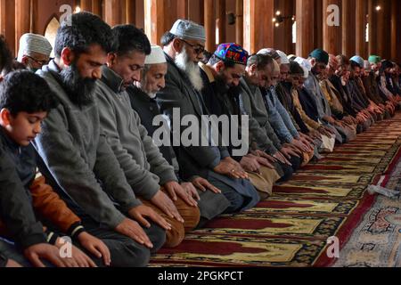 Srinagar, India. 23rd Mar, 2023. I musulmani di Kashmiri offrono le preghiere di mezzogiorno all'interno della Grande Moschea o Jamia Masjid durante il primo giorno del mese santo musulmano di Ramadan a Srinagar. (Foto di Saqib Majeed/SOPA Images/Sipa USA) Credit: Sipa USA/Alamy Live News Foto Stock