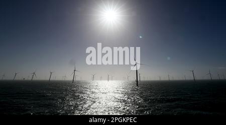 Helgoland, Germania. 23rd Mar, 2023. Numerose turbine eoliche, tra cui alcune della nuova centrale eolica offshore di Kaskasi di RWE, vengono viste durante la messa in funzione della centrale eolica al largo di Helgoland. (Recrop) Credit: Christian Charisius/dpa/Pool/dpa/Alamy Live News Foto Stock