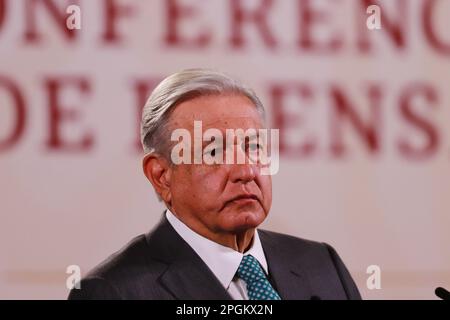 Città del Messico, Messico. 23rd Mar, 2023. Il presidente messicano, Andres Manuel Lopez Obrador, parla durante la conferenza stampa del quotidiano al Palazzo Nazionale. Il 23 marzo 2023 a Città del Messico. (Foto di Carlos Santiago/ Eyepix Group/Sipa USA) Credit: Sipa USA/Alamy Live News Foto Stock