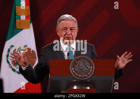 Città del Messico, Messico. 23rd Mar, 2023. Il presidente messicano, Andres Manuel Lopez Obrador, parla durante la conferenza stampa del quotidiano al Palazzo Nazionale. Il 23 marzo 2023 a Città del Messico. (Foto di Carlos Santiago/ Eyepix Group/Sipa USA) Credit: Sipa USA/Alamy Live News Foto Stock