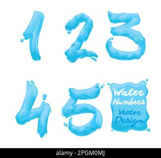 Insieme acquoso di numeri da uno a cinque con effetto liquido. Design in stile cartone animato. Illustrazione Vettoriale