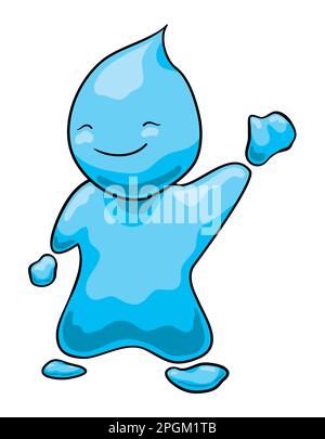 Carattere blu acqueo con gesto ondeggiante a mano, realizzato con acqua e gocce in stile cartoon. Illustrazione Vettoriale