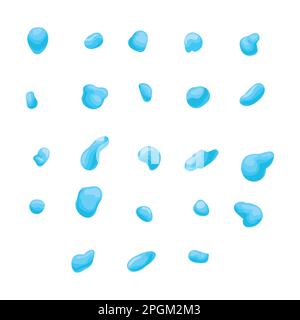 Set con gocce d'acqua blu in stile cartone animato in diverse varianti. Illustrazione Vettoriale