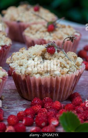 Erdbeer-crumble, Wald-Erdbeer-crumble, Waldbeer-crumble, crumble mit Waldbeeren, Krümelkuchen, Kuchen, a Muffinförmchen, Wald-Erdbeere, Walderd Foto Stock