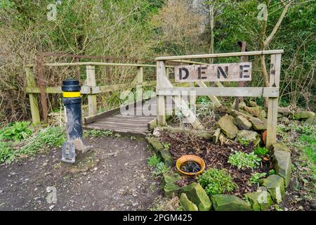 Ponte pedonale che attraversa l'Ouseburn all'estremità di Gosforth di Jesmond Dene, Newcastle upon Tyne, Regno Unito Foto Stock