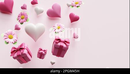Festa della mamma. Scatole regalo fiori cuori. Rendering 3D Foto Stock