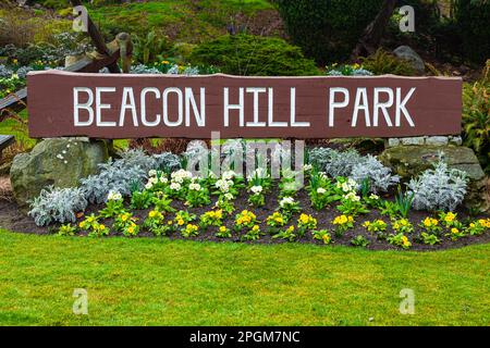 Cartello d'ingresso al Beacon Hill Park a Victoria British Columbia Canada Foto Stock