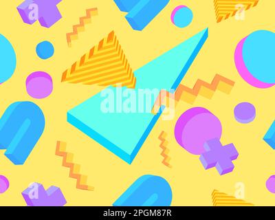 Modello Memphis senza cuciture con 3D forme geometriche in stile 80s. Motivo geometrico colorato. Progettazione di prodotti promozionali, carta da imballaggio e stampa Illustrazione Vettoriale