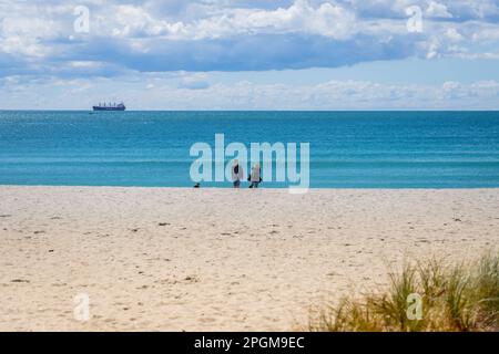 Tauranga Nuova Zelanda - Marzo 22 2023: Monte Maunganui Main Beach scena di sfondo con nave da carico su orizzonte lontano Foto Stock