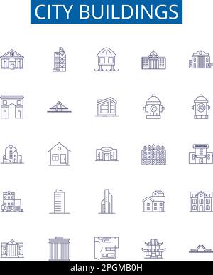 Edifici della città linea icone segnaletica set. Collezione di progettazione di grattacieli, torri, complessi, strutture, abitazioni, Appartamento, Townhouses, skyline contorni Illustrazione Vettoriale