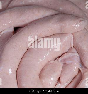Salsicce fritte in primo piano Foto Stock