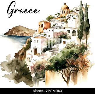 Pittoresco paesaggio della Grecia acquerello arte mare Illustrazione Vettoriale