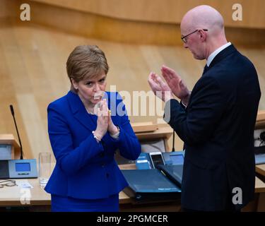 Edimburgo, Scozia, Regno Unito. 23rd Mar, 2023. NELLA FOTO: L'ultima sessione dei primi Ministri di Nicola Sturgeon Domande nella camera del Parlamento scozzese prima che i risultati elettorali della leadership dell'SNP si concludano lunedì e un nuovo primo Ministro viene votato nella prossima settimana. Credit: Colin D Fisher/CDFIMAGES.COM Credit: Colin Fisher/Alamy Live News Foto Stock