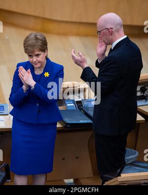 Edimburgo, Scozia, Regno Unito. 23rd Mar, 2023. NELLA FOTO: L'ultima sessione dei primi Ministri di Nicola Sturgeon Domande nella camera del Parlamento scozzese prima che i risultati elettorali della leadership dell'SNP si concludano lunedì e un nuovo primo Ministro viene votato nella prossima settimana. Credit: Colin D Fisher/CDFIMAGES.COM Credit: Colin Fisher/Alamy Live News Foto Stock