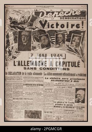 WW2 Liberazione della Francia titoli francesi.Germania rinuncia incondizionatamente 7th maggio 1945 Depeche Democratique Victoire giornale Headline in Francia. Fine della seconda guerra mondiale seconda guerra mondiale Foto Stock