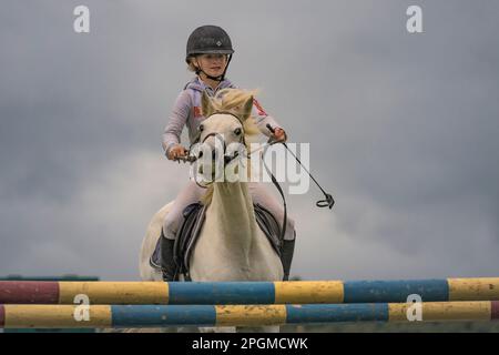 Espressione. Una ragazza guida il suo cavallo a uno dei recinti di salto. 41st Johnstown Coolgreany Gymkhana & Field giorno 2022. Wexford. Irlanda Foto Stock