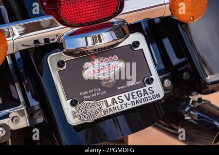 Una foto della filiale Harley-Davidson di Las Vegas su una targa per motociclette. Foto Stock