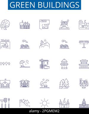 Edifici verdi linea icone segnaletica set. Collezione di progettazione di ecologia, sostenibile, rinnovabile, efficienza, basso contenuto di carbonio, Riciclabile, costruito Illustrazione Vettoriale