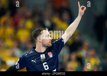 Mannheim, Germania. 23rd Mar, 2023. Pallamano: Bundesliga, Rhein-Neckar Löwen - HSV Hamburg, Matchday 24, SAP Arena. Il Casper Mortensen di Amburgo celebra un gol. Credit: Uwe Anspach/dpa/Alamy Live News Foto Stock