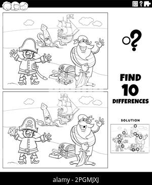 Cartoni animati in bianco e nero illustrazione di trovare le differenze tra le immagini gioco educativo con i personaggi pirati sulla colorazione isola del tesoro Illustrazione Vettoriale