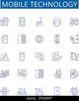 Set di simboli delle icone della linea della tecnologia mobile. Progettare la collezione di smartphone, applicazioni, rete, wireless, GPS, Bluetooth, LTE, 4G vettore di concetto di contorno Illustrazione Vettoriale
