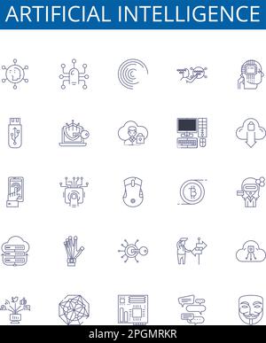 Intelligenza artificiale linea icone segno set. Raccolta di progettazione di intelligenza artificiale, robotica, apprendimento automatico, automazione, algoritmi, Calcolo, naturale Illustrazione Vettoriale