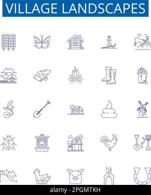 Paesaggi del villaggio linea icone segni set. Collezione di design di Village, Landscape, Vistas, Horizon, Suburbs, Campi, Case, Cottages contorno concetto Illustrazione Vettoriale