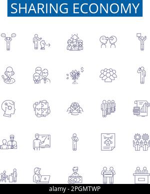Set di simboli delle icone della linea economy di condivisione. Progettare la raccolta di collaborative, baratto, Exchange, piattaforme, networking, Connessione, condivisione Illustrazione Vettoriale