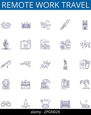 Set di simboli delle icone delle linee di lavoro a distanza. Progettare la raccolta di Remote, Work, Travel, Remote-Work, Remote-Travel, Lavorare in remoto, viaggiare in remoto Illustrazione Vettoriale