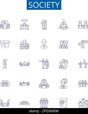 Simbolo della linea sociale icone set. Collection di disegno di società, comunità, cultura, persone, esseri umani, civiltà, organizzazione, norme delineano il concetto Illustrazione Vettoriale