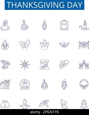 Set di simboli delle icone della linea del giorno del Ringraziamento. Collezione di design di Thanksgiving, Day, Turchia, Festa, gratitudine, Pellegrini, indiani, Cornucopia delineare concetto Illustrazione Vettoriale