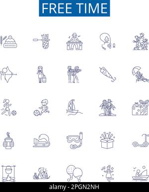 Set di simboli delle icone della linea del tempo libero. Collezione di design di tempo libero, idleness, relax, vacanza, vacanza, Riposo, tempi di fermo, concetto di contorno divertente vettore Illustrazione Vettoriale
