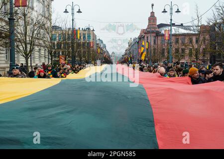 Vilnius Lituania - Marzo 11 2022: Grande bandiera lituana lungo il viale Gedimino a Vilnius, portata da persone con bandiere lituane e ucraine Foto Stock