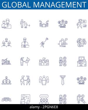 Set di simboli delle icone della linea di gestione globale. Collezione di progettazione di Global, Management, International, Organization, Strategic, Leadership, trasformazione Illustrazione Vettoriale