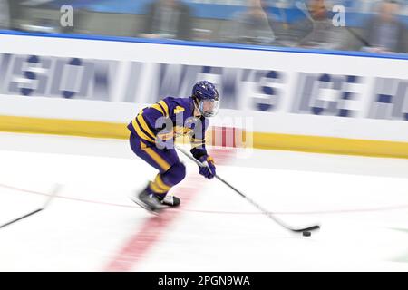 Fargo, ND, 23 marzo 2023. Andy Carroll (4), difensore dei Minnesota state Mavericks, pattina sul ghiaccio durante una partita al torneo di hockey maschile della West Regional of the NCAA tra il Minnesota state Mankato Mavericks e la St Cloud state University Huskies alla Scheels Arena di Fargo, North Dakota, giovedì 23 marzo 2023. Di Russell Hons/CSM Foto Stock