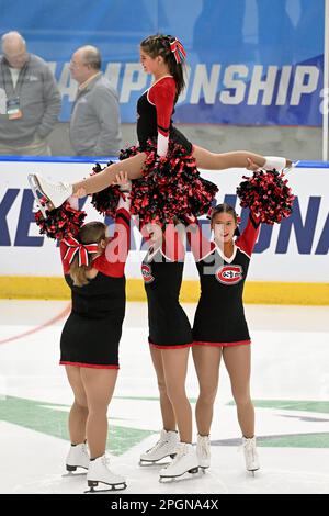 Fargo, ND, 23 marzo 2023. St La squadra di tifosi del Cloud state intrattiene la folla durante una partita al torneo di hockey maschile della West Regional of the NCAA tra il Minnesota state Mankato Mavericks e la St Cloud state University Huskies alla Scheels Arena di Fargo, North Dakota, giovedì 23 marzo 2023. Di Russell Hons/CSM Foto Stock