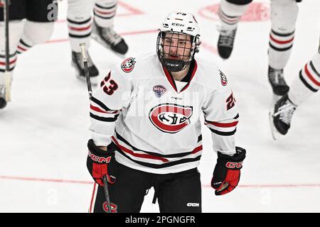 Fargo, ND, 23 marzo 2023. St Il difensore di Cloud state Huskies Jack Peart (23) dopo aver segnato un gol durante una partita al torneo di hockey maschile della West Regional of the NCAA tra il Minnesota state Mankato Mavericks e St Cloud state University Huskies alla Scheels Arena di Fargo, North Dakota, giovedì 23 marzo 2023. Di Russell Hons/CSM Foto Stock