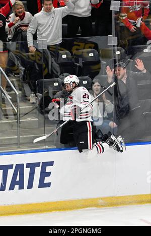 Fargo, ND, 23 marzo 2023. St Il difensore di Cloud state Huskies Jack Peart (23) festeggia dopo aver segnato un gol durante una partita al torneo di hockey maschile della West Regional of the NCAA tra il Minnesota state Mankato Mavericks e St. Cloud state University Huskies alla Scheels Arena di Fargo, North Dakota, giovedì 23 marzo 2023. Di Russell Hons/CSM Foto Stock