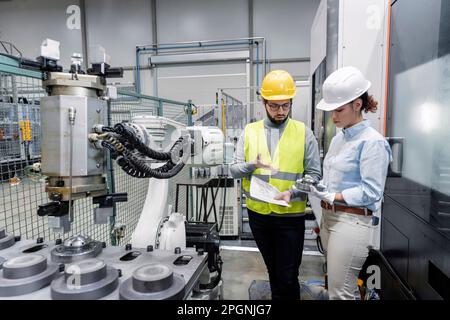 Giovane ingegnere che spiega il collega con la parte della macchina in fabbrica Foto Stock