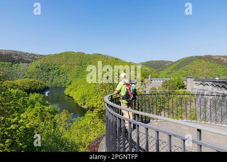 Germania, Renania settentrionale-Vestfalia, escursionista senior che guarda verso il lago Rursee dalla piattaforma panoramica Foto Stock