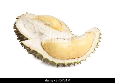 Taglio di durian fresco maturo su sfondo bianco Foto Stock