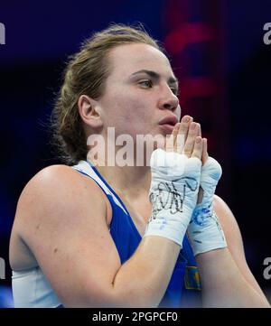 Nuova Delhi, India. 23rd Mar, 2023. Il Kazakhstan Nadezhda Ryabets sembra sconcertato dopo la semifinale delle donne d'élite 63-66kg del campionato mondiale di pugilato IBA 2023 a Nuova Delhi, in India, il 23 marzo 2023. Credit: Javed Dar/Xinhua/Alamy Live News Foto Stock