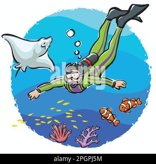Scuba subacquea e pesci, mantas raggio di nuoto vicino alla barriera corallina sott'acqua. illustrazione vettoriale Illustrazione Vettoriale